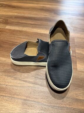 OluKai Women's Slip-On Loafers in Charcoal Gray with Tan Accents